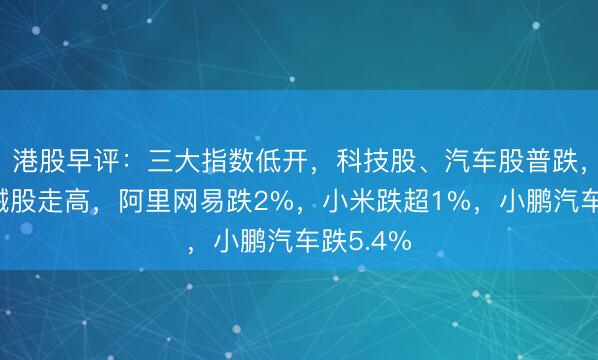 港股早评：三大指数低开，科技股、汽车股普跌，重型机械股走高，阿里网易跌2%，小米跌超1%，小鹏汽车跌5.4%