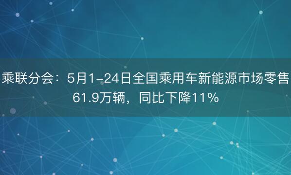 乘联分会：5月1-24日全国乘用车新能源市场零售61.9万辆，同比下降11%